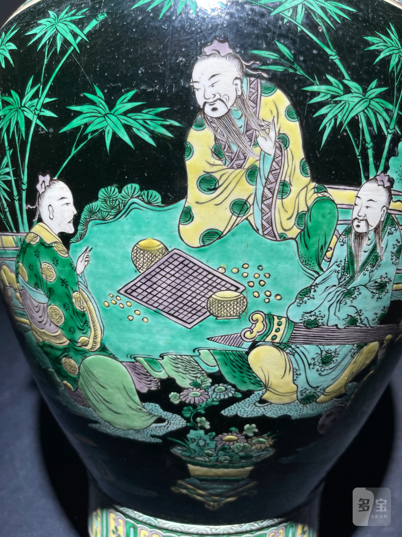 清晚期 墨地素三彩竹林七贤纹铺首尊 - 图3